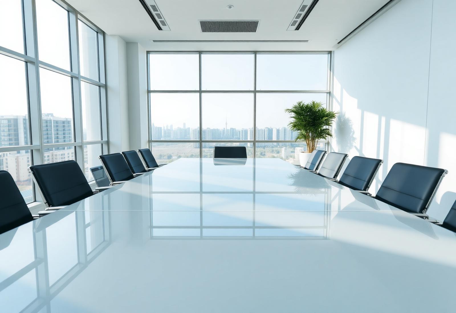 Schoonmaakmedewerker verzorgt een moderne vergadertafel